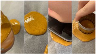 The pressing and melting stages of making honeycomb candy from Squid Game
