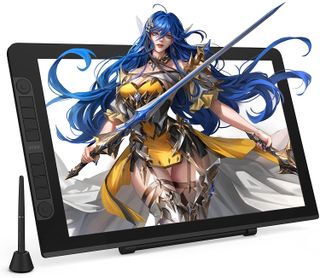 A Veikk VK2200 Pro monitor with an illustration of a blue haired warrior lady displayed as part of the screen.