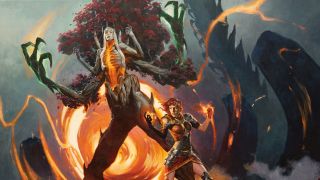 A pyromancer and a dryad fight side by side