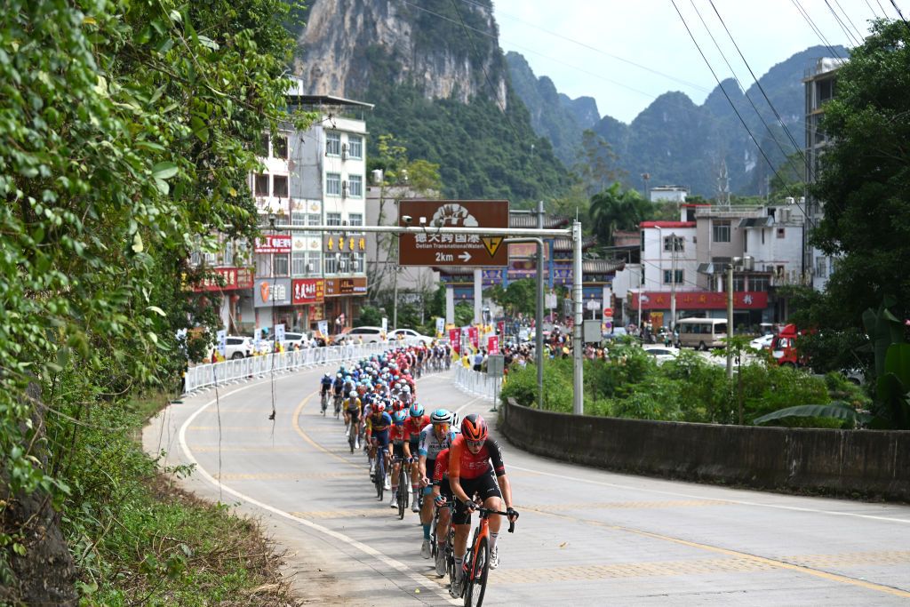 JINGXI CHINA OCTOBER 16 A general view of the peloton competing during the 5th GreeTour Of Guangxi 2024 Stage 2 a 1815km stage from Chongzuo to Jingxi 741m UCIWT on October 16 2024 in Chongzuo China Photo by Dario BelingheriGetty Images