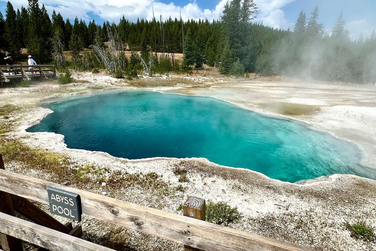 A small column of steam rises from a pine woods with a lake in the foreground.