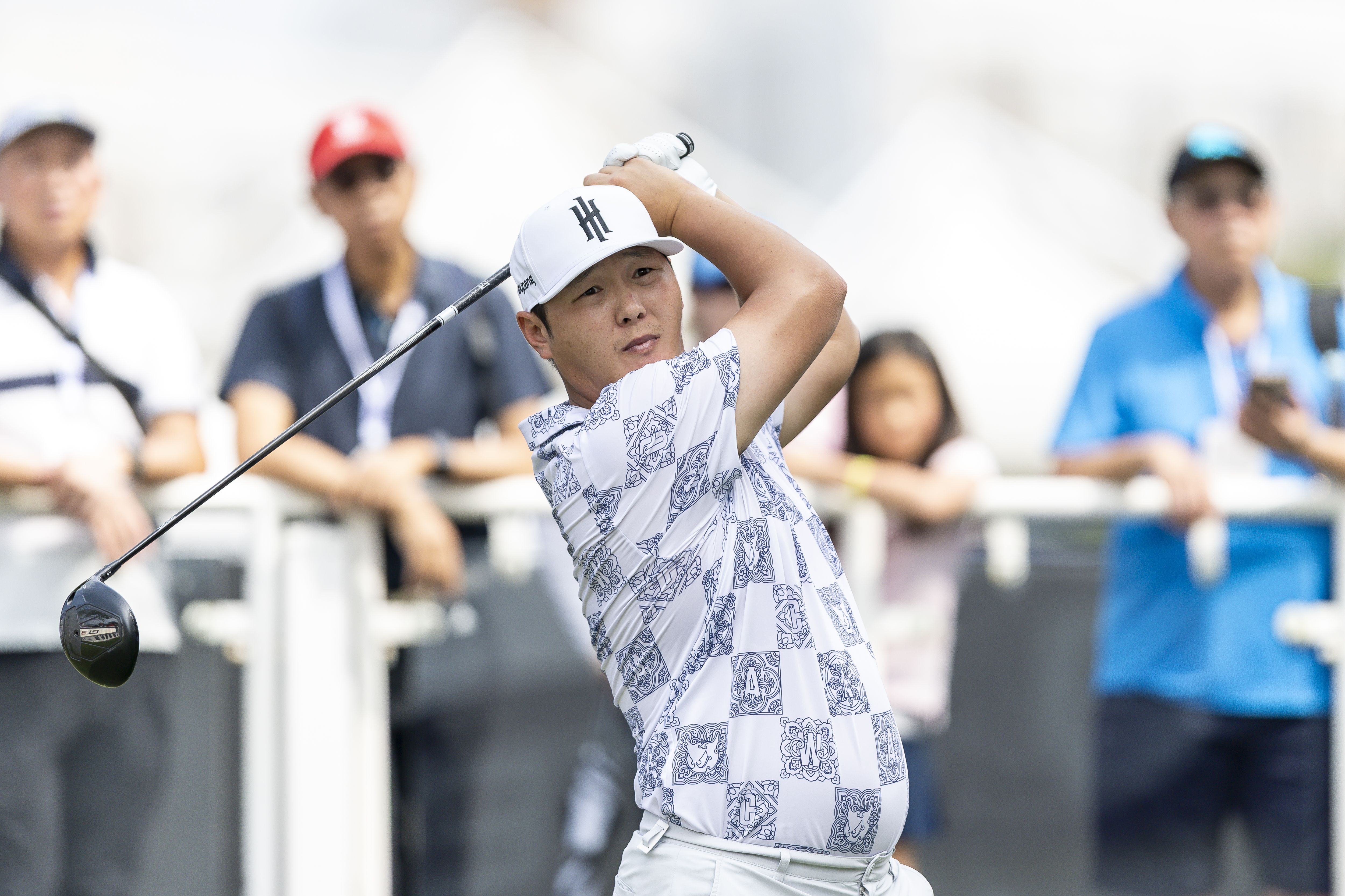 Danny Lee holds his finish on a drive at the Hong Kong Open
