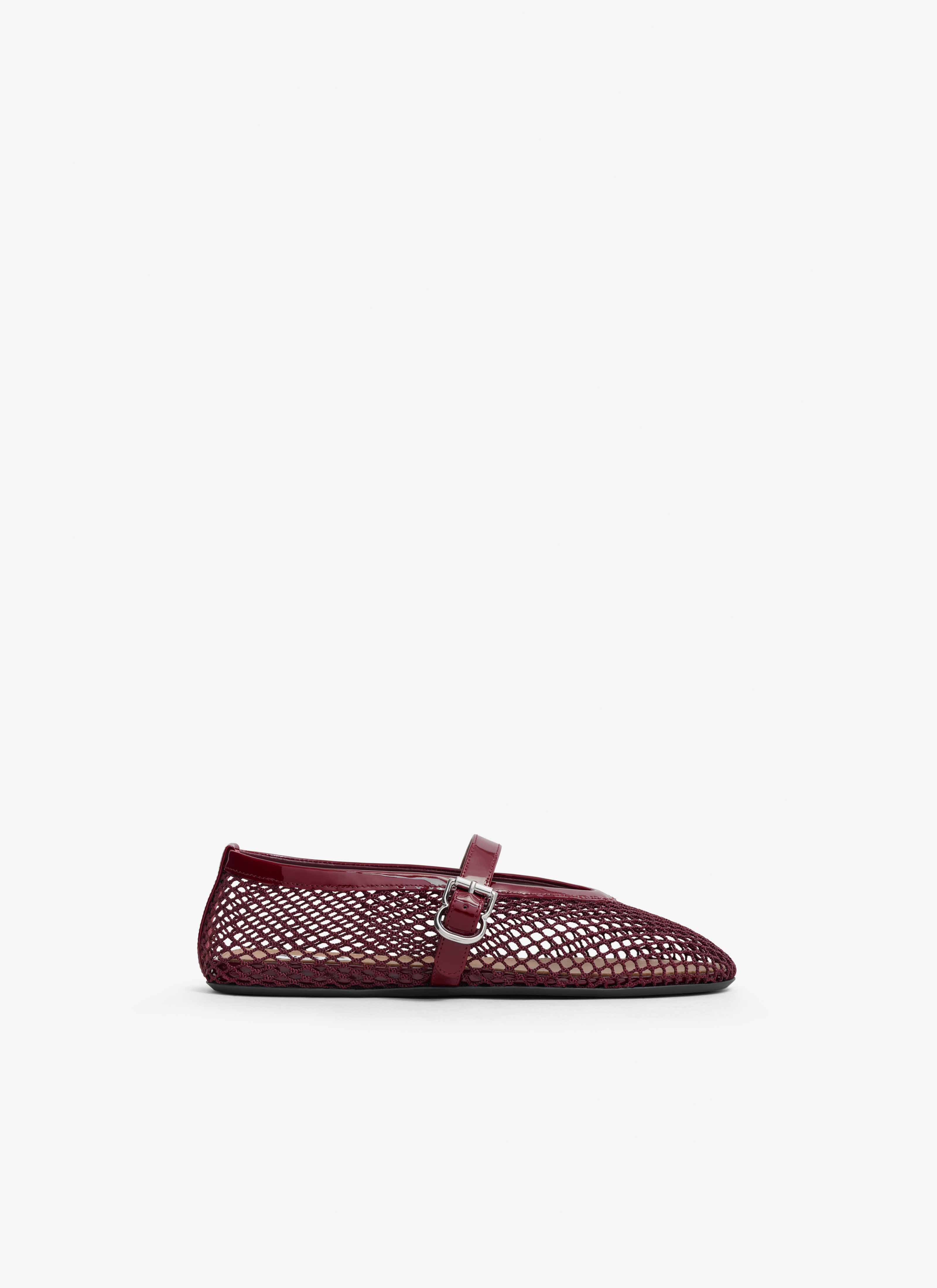 Garnet Red Ballet Flats in Fishnet