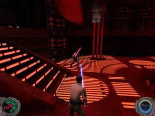 Kyle fighting a Sith warrior in a room with red lighting.