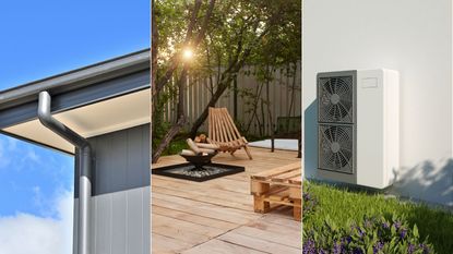 A grey gutter on a roof / a wooden patio with wooden yard furniture / An externa HVAC system on the exterior of a wall 