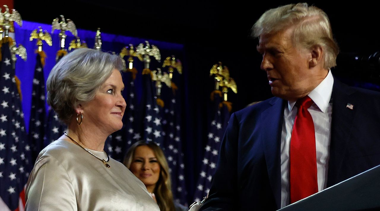 Donald Trump praises his campaign senior advisor Susie Wiles during an election night event at the Palm Beach Convention Center on November 06, 2024 in West Palm Beach, Florida.