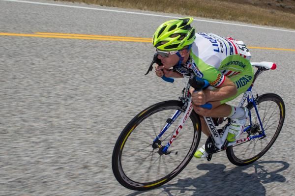 Timmy Duggan (Liquigas-Cannondale) tucked in for the ride off the climb.