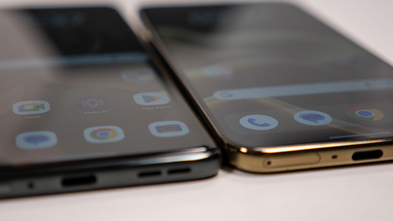 Comparing the olive green Motorola Edge 2026's design with the dark grey Motorola Edge 2025