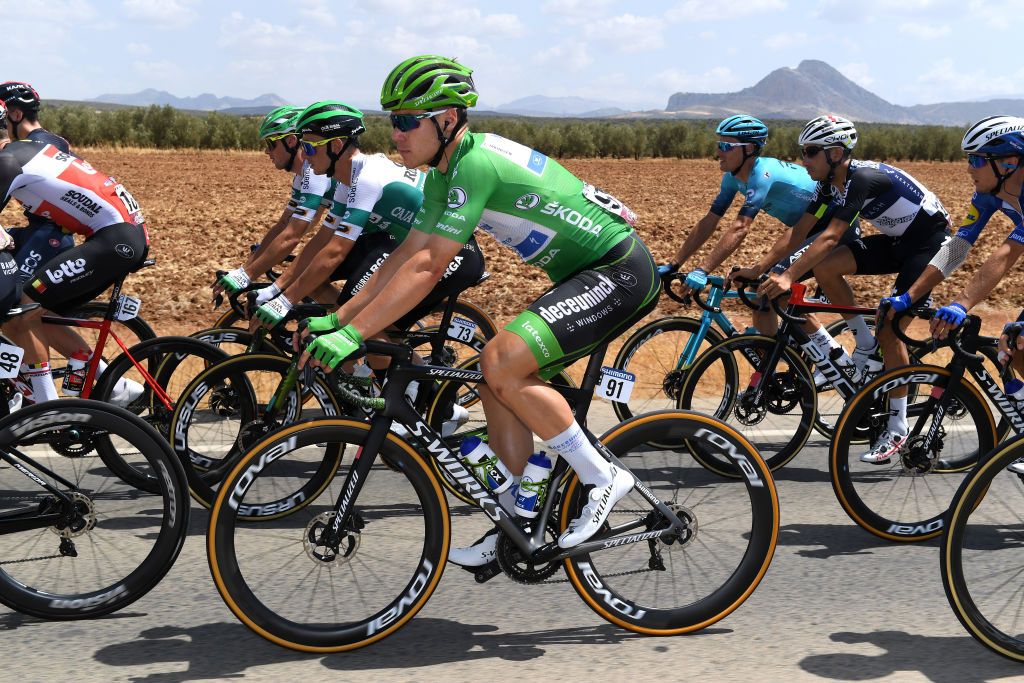 VALDEPEAS DE JAN SPAIN AUGUST 25 Fabio Jakobsen of Netherlands and Team Deceuninck QuickStep Green Points Jersey during the 76th Tour of Spain 2021 Stage 11 a 1336km stage from Antequera to Valdepeas de Jan 1009m lavuelta LaVuelta21 on August 25 2021 in Valdepeas de Jan Spain Photo by Tim de WaeleGetty Images