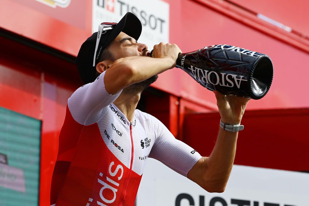 CISTIERNA SPAIN AUGUST 26 Jess Herrada Lopez of Spain and Team Cofidis celebrates at podium as stage winner during the 77th Tour of Spain 2022 Stage 7 a 190km stage from Camargo to Cistierna LaVuelta22 WorldTour on August 26 2022 in Cistierna Spain Photo by Tim de WaeleGetty Images