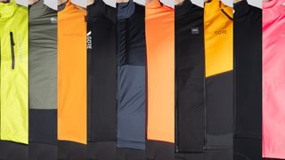 An image that stitches together 10 images of a man wearing various winter cycling jackets in various colours including yellow, black, green, pink and orange. Each image is cropped vertically. 