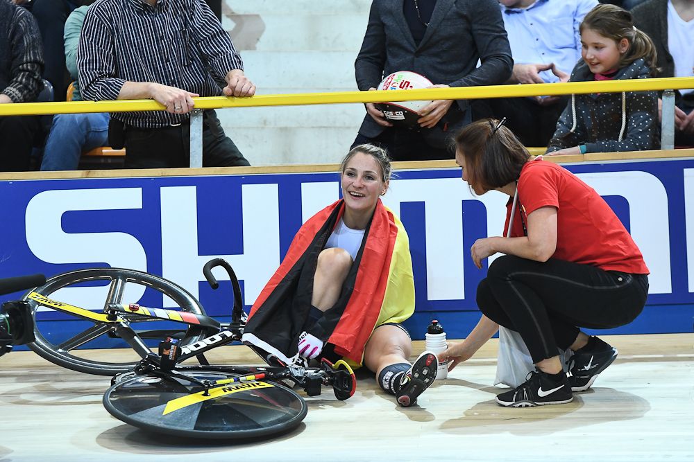 Gold medalist Germany's Kristina Vogel celebrates winning the women's sprint final during the UCI Track Cycling World Championships