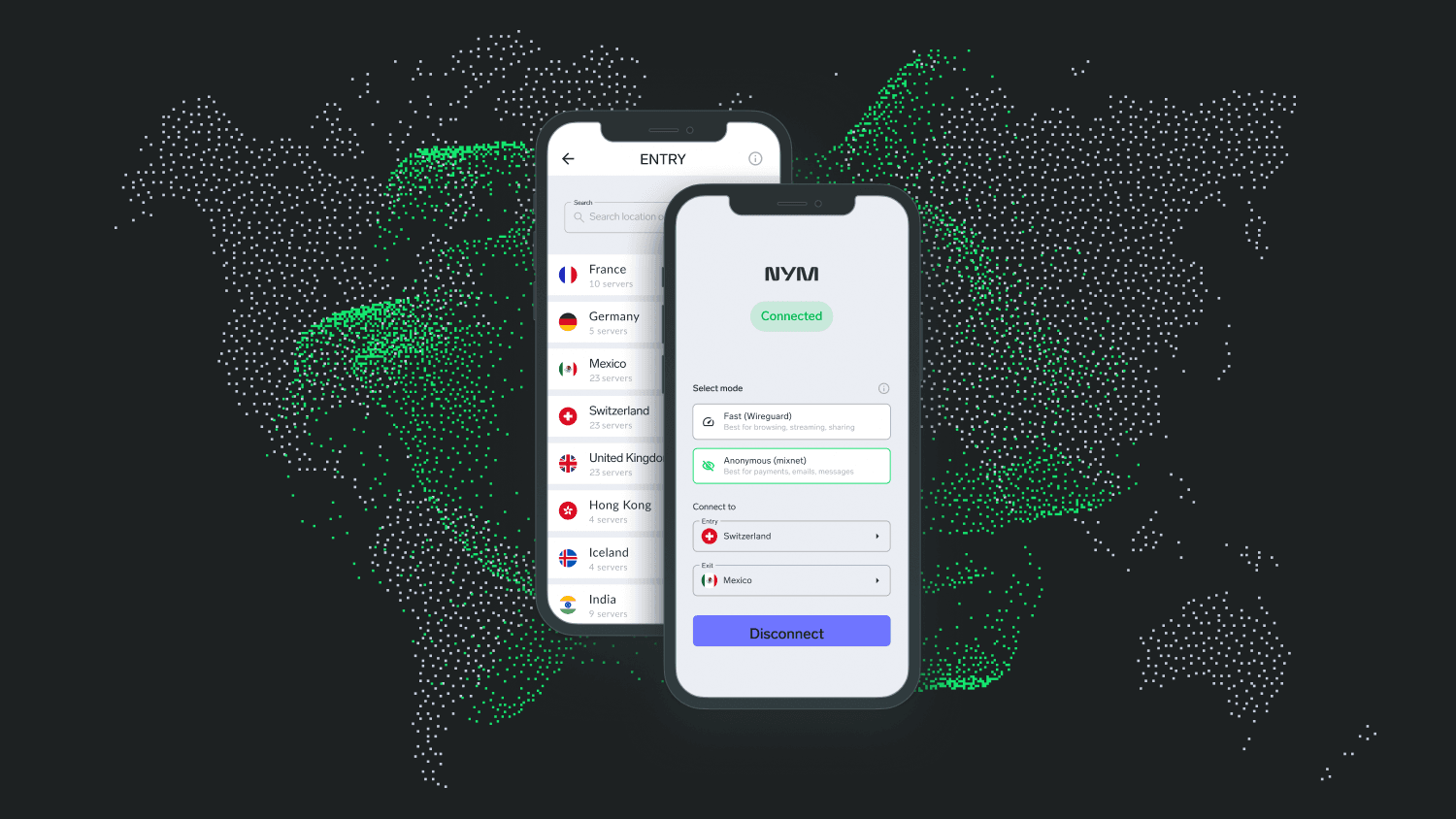 NymVPN's apps on a pixilated black and green map