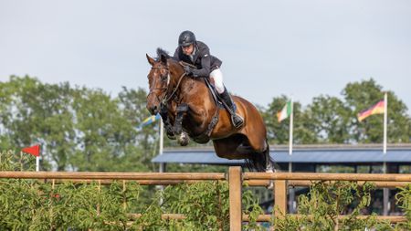 William Whitaker and Flamboyant jump the last in the 2026 Hickstead Derby