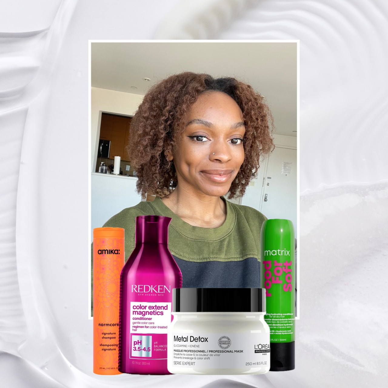 a collage featuring a selfie of a black woman with curly brown hair and four various hair products
