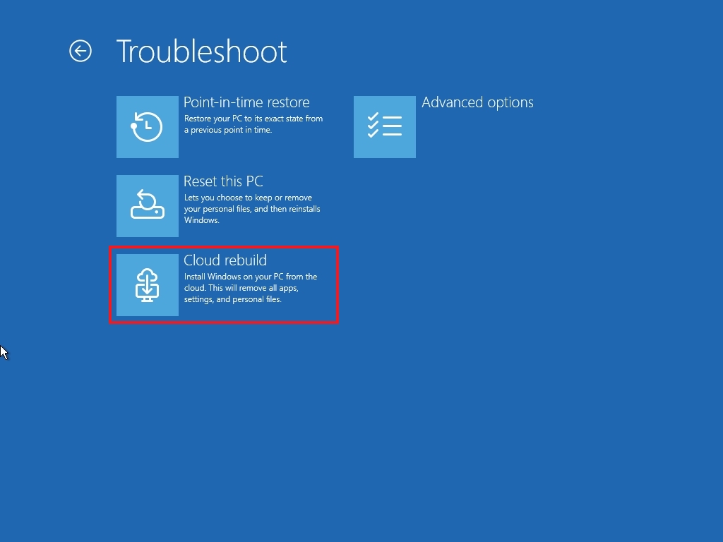 Windows Recovery Environment in the Troubleshoot page highlighting Cloud rebuild option.