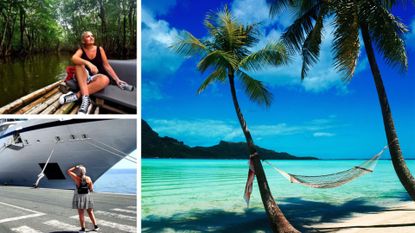 (L) Janine Santos at work, (R), a beach in Bora Bora