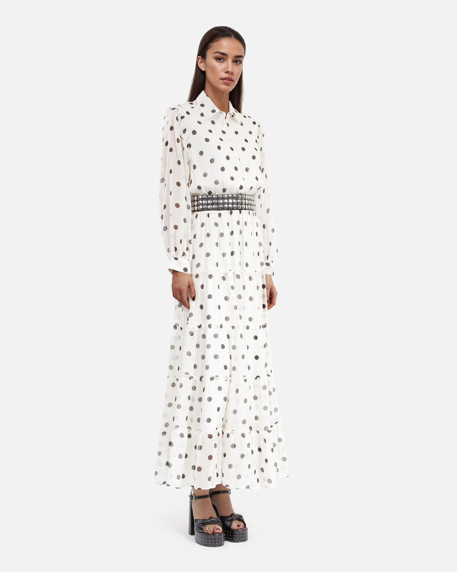 White Maxi Dress With Ecru Polka Dots