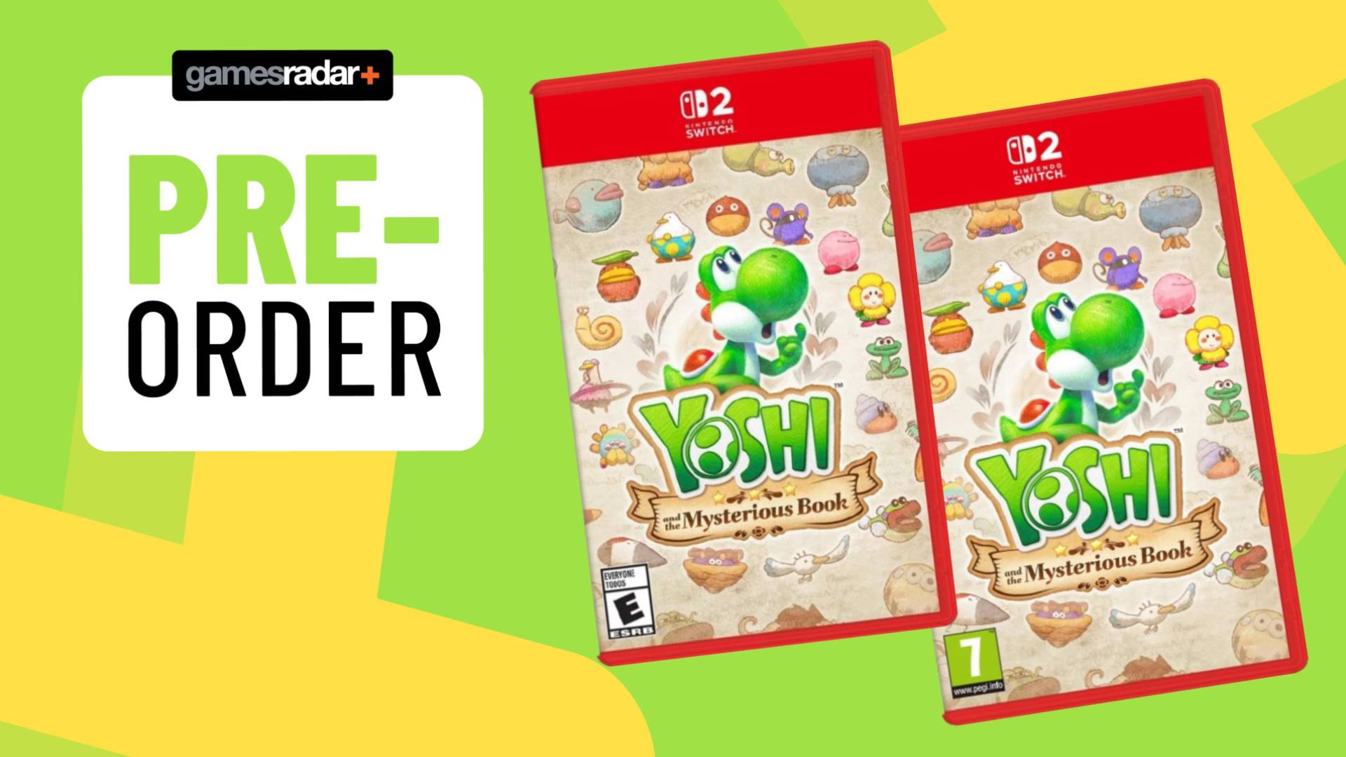 Image of the Yoshi and the Mysterious Book Switch 2 US and UK boxes on top of a light green GamesRadar+ background.