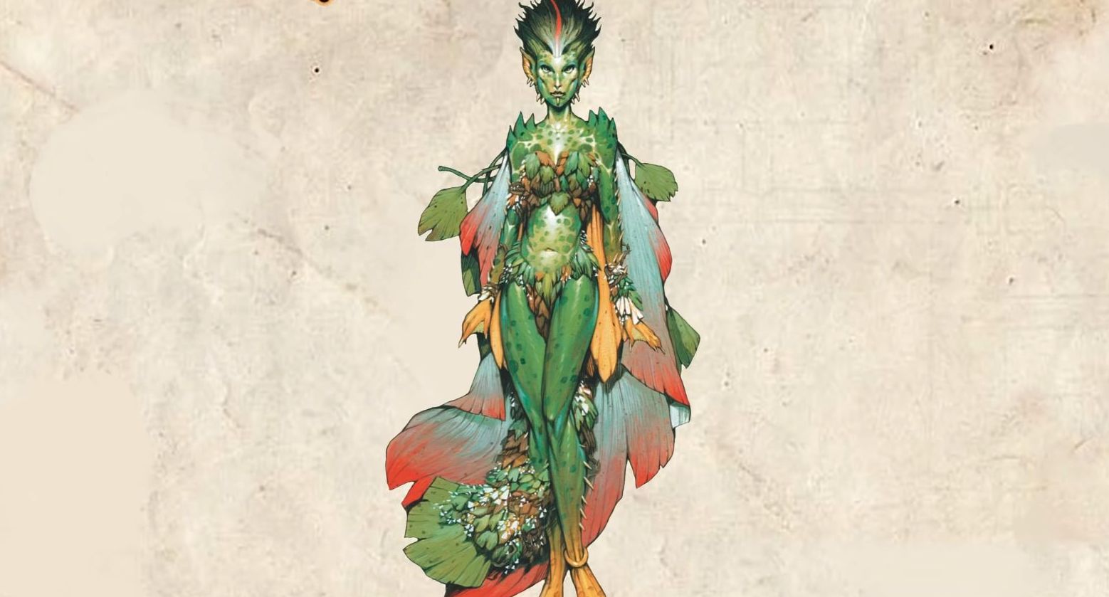 A green plant woman covered in leaves