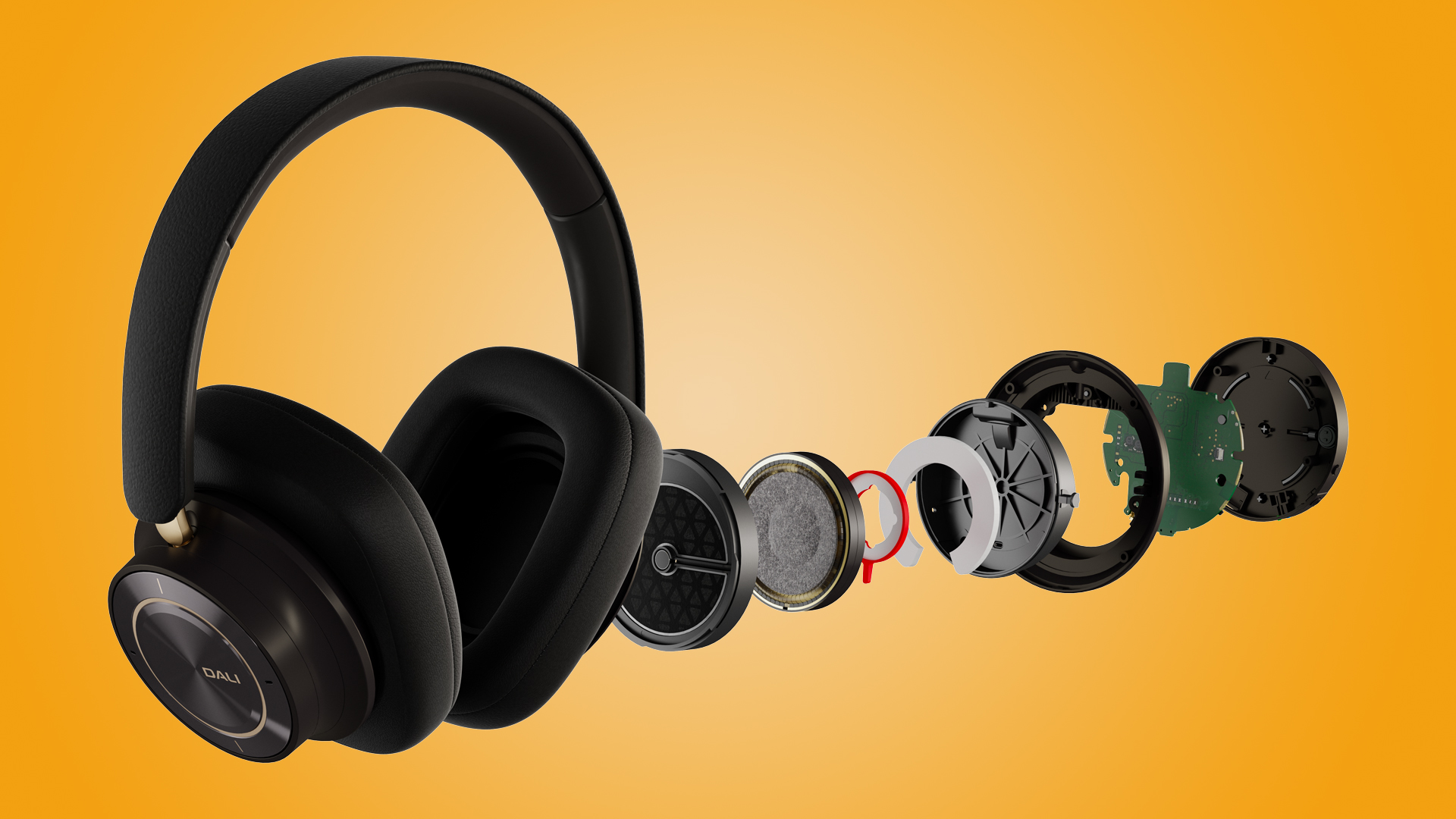 Dali IO-12 headphones against orange background