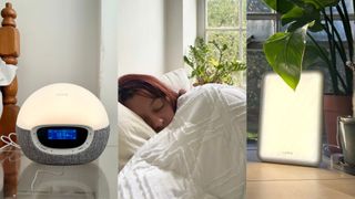 The Tom's Guide Sleep Features Editor sleeping peacefully next to images of a SAD lamp and a sunrise alarm clock