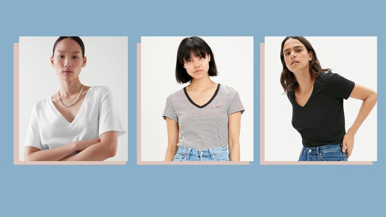 Best v-neck t-shirts for women composite image of three models wearing v-neck t-shirts. One wearing a white t-shirt, one wearing a striped t-shirt and one wearing a black t-shirt