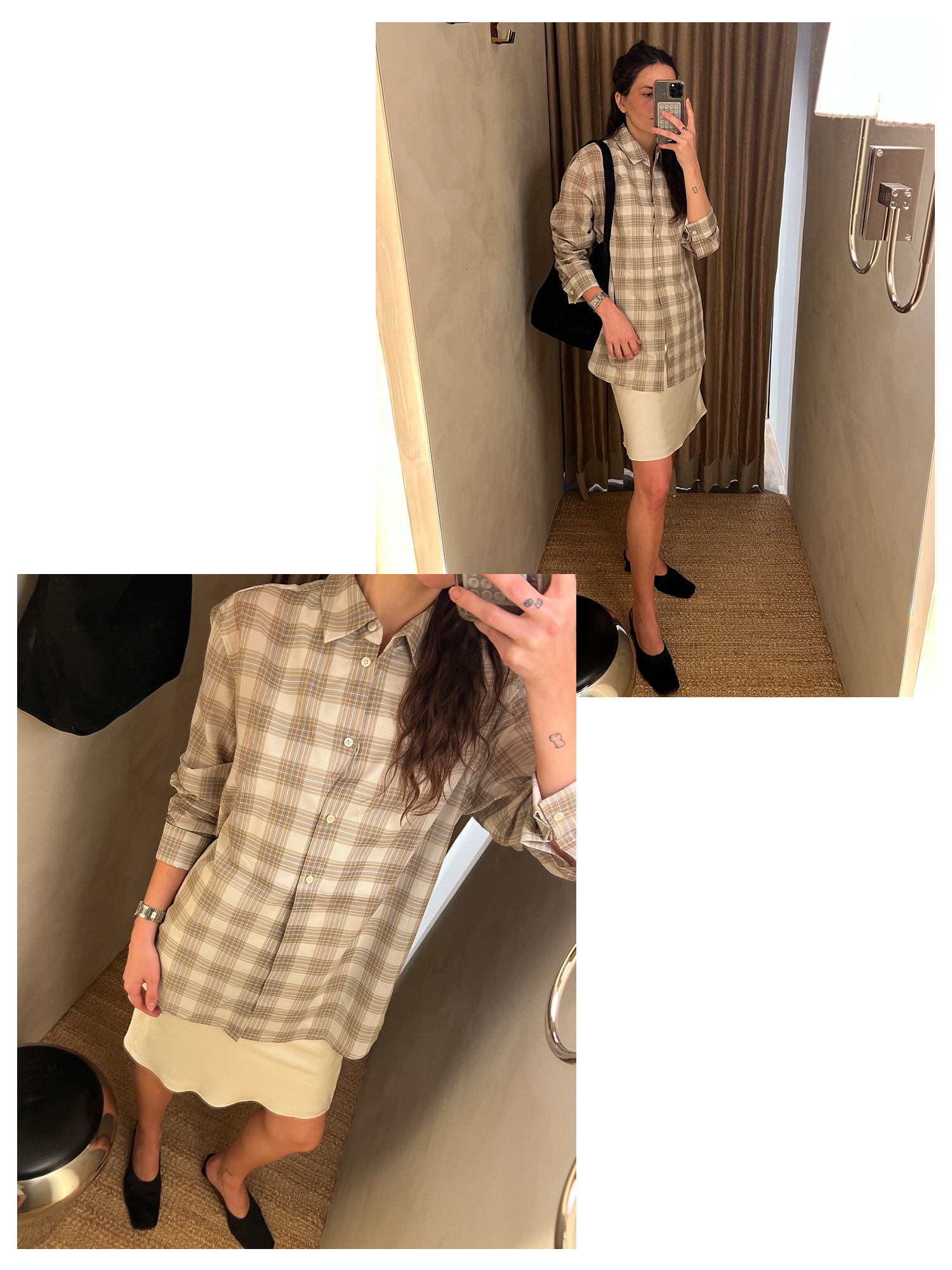 Two photos of Eliza Huber trying on a plaid shirt and silk skirt from Kallmeyer's Upper East Side store's dressing room.