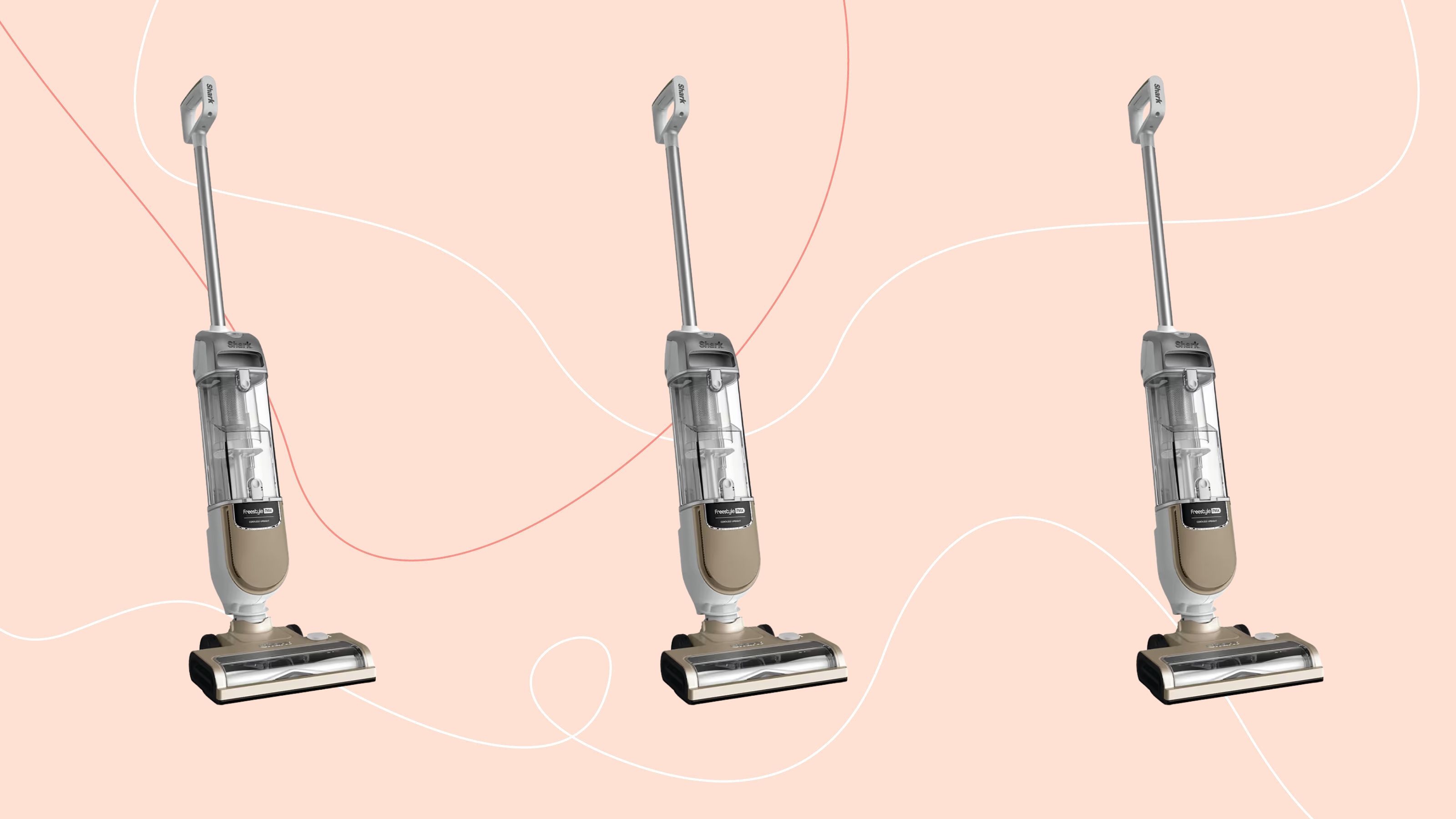 Three Shark Freestyle Pro vacuum cleaners next to each other on a pink background