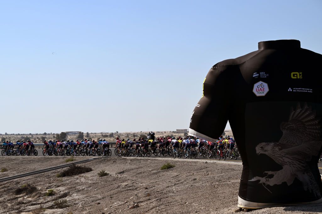 DUBAI HARBOUR DUBAI UNITED ARAB EMIRATES FEBRUARY 22 A general view of the peloton competing during the 6th UAE Tour 2024 Stage 4 a 168km stage from Dubai Police Officers Club to Dubai Harbour UCIWT on February 22 2024 in Dubai United Arab Emirates Photo by Tim de WaeleGetty Images