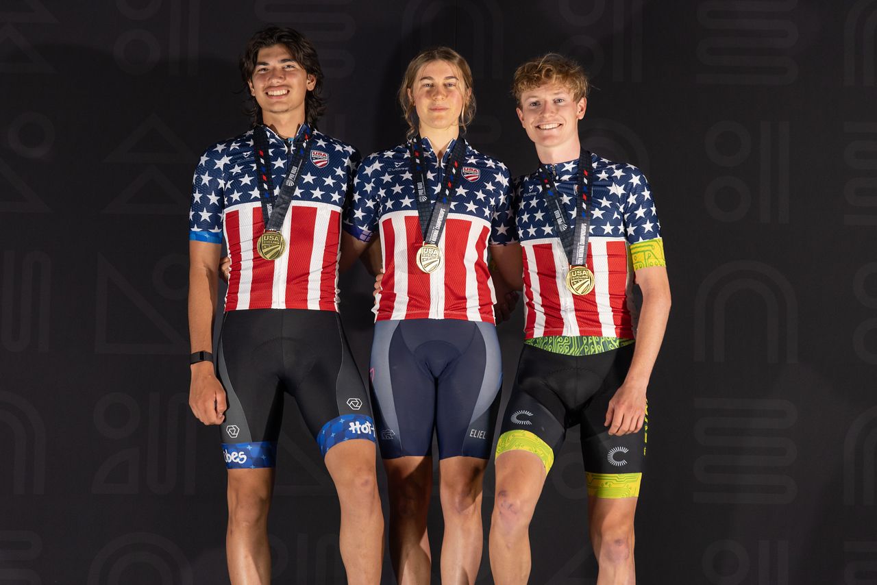 US national champions jerseys awarded on May 16 in criterium races (L to R): men's 17-18 junior winner Alejandro Che, women's Junior 17-18 winner Landrie Mclain andmen's U23 winner Gavin Hlady,