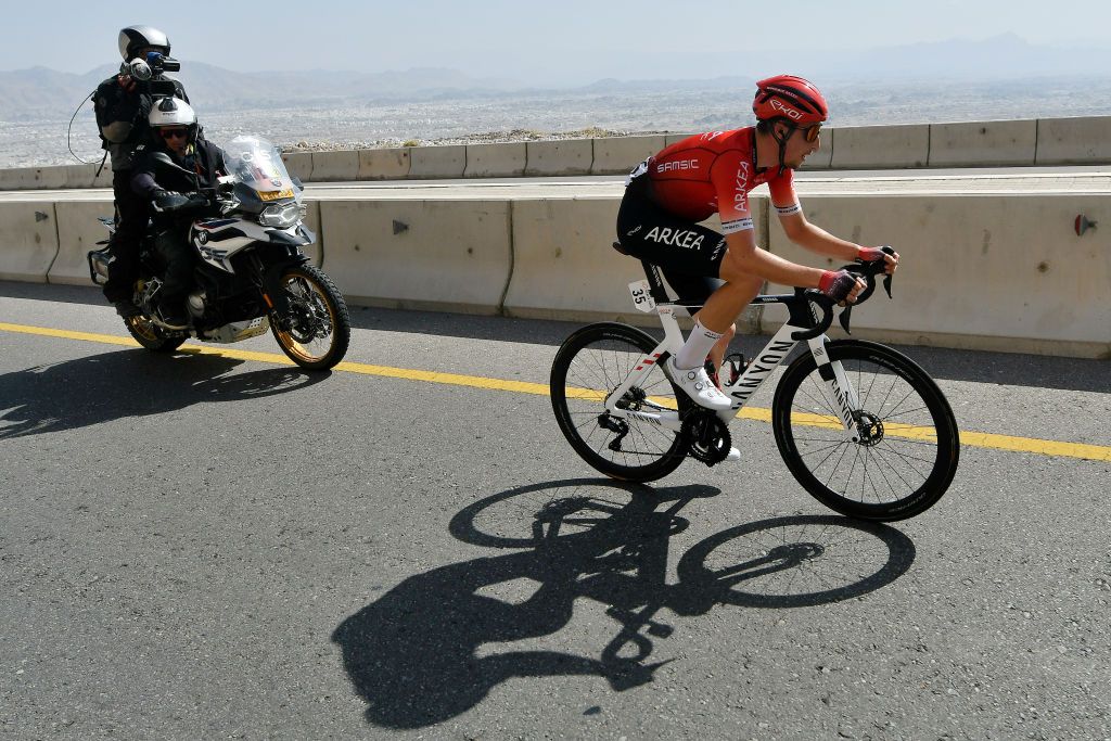 MUSCAT OMAN FEBRUARY 13 Kevin Vauquelin of France and Team Arka Samsic competes in the breakaway during the 11th Tour Of Oman 2022 Stage 4 a 1195km stage from Al Sifah to Mucat TourofOman on February 13 2022 in Muscat Oman Photo by Dario BelingheriGetty Images