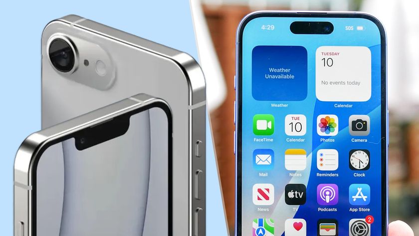 A split image of an alleged iPhone SE 4 design and an iPhone 16.