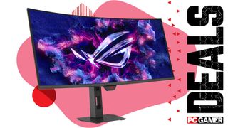 An image of an Asus ROG Strix XG34WCDG gaming monitor, against a colorful background, with the phrase 'Deals' on the right above a PC Gamer logo