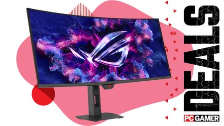 An image of an Asus ROG Strix XG34WCDG gaming monitor, against a colorful background, with the phrase 'Deals' on the right above a PC Gamer logo
