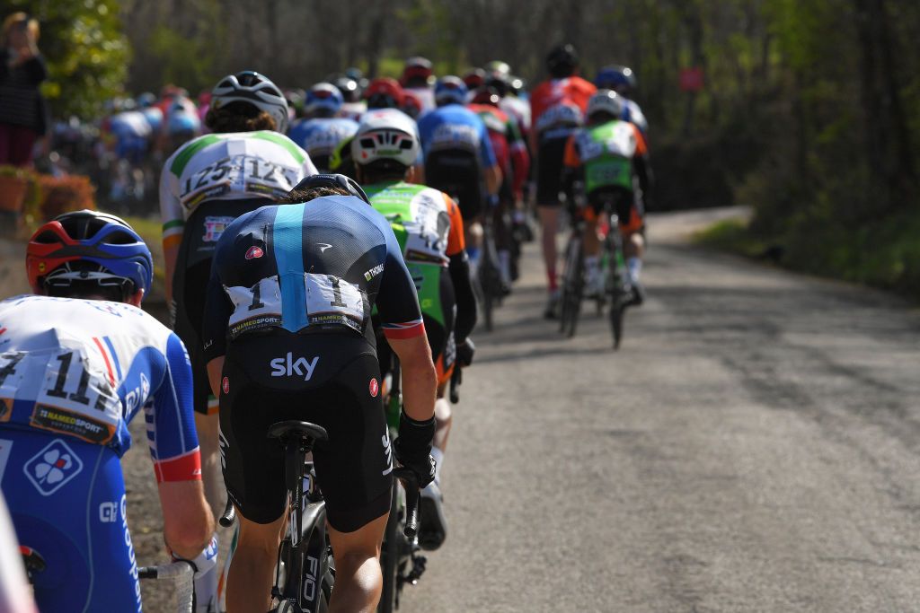 FOSSOMBRONE ITALY MARCH 16 Geraint Thomas of the United Kingdom and Team Sky Drop from Peloton during the 54th TirrenoAdriatico 2019 Stage 4 a 221km stage from Foligno to Fossombrone TirrenoAdriatico on March 16 2019 in Fossombrone Italy Photo by Tim de WaeleGetty Images
