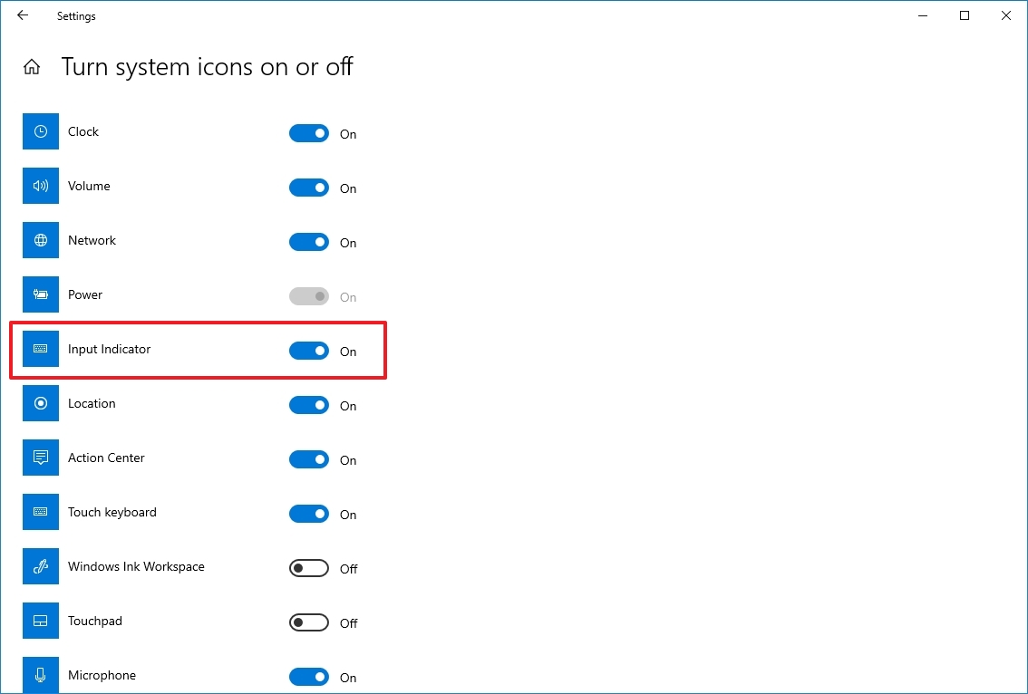 Windows 10 включает индикатор ввода