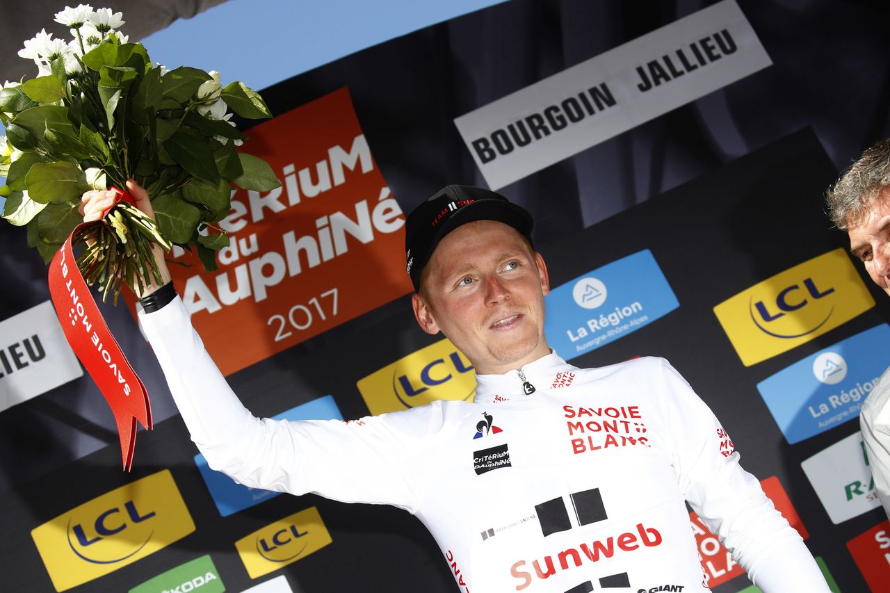 Sam Oomen in the young rider's jersey at the Crit&eacute;rium du Dauphin&eacute;