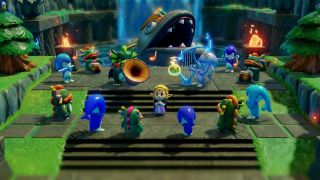 A The Legend of Zelda: Echoes of Wisdom screenshot showing Zelda surrounded by the game's two Zora tribes performing a song.