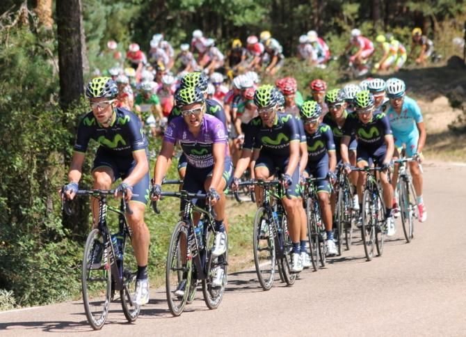 Movistar Team drives the chasing peloton with Imanol Erviti and current leader Juan Jos&eacute; Lobato