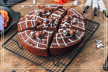 A chocolate cake with icing in the shape of a cobweb