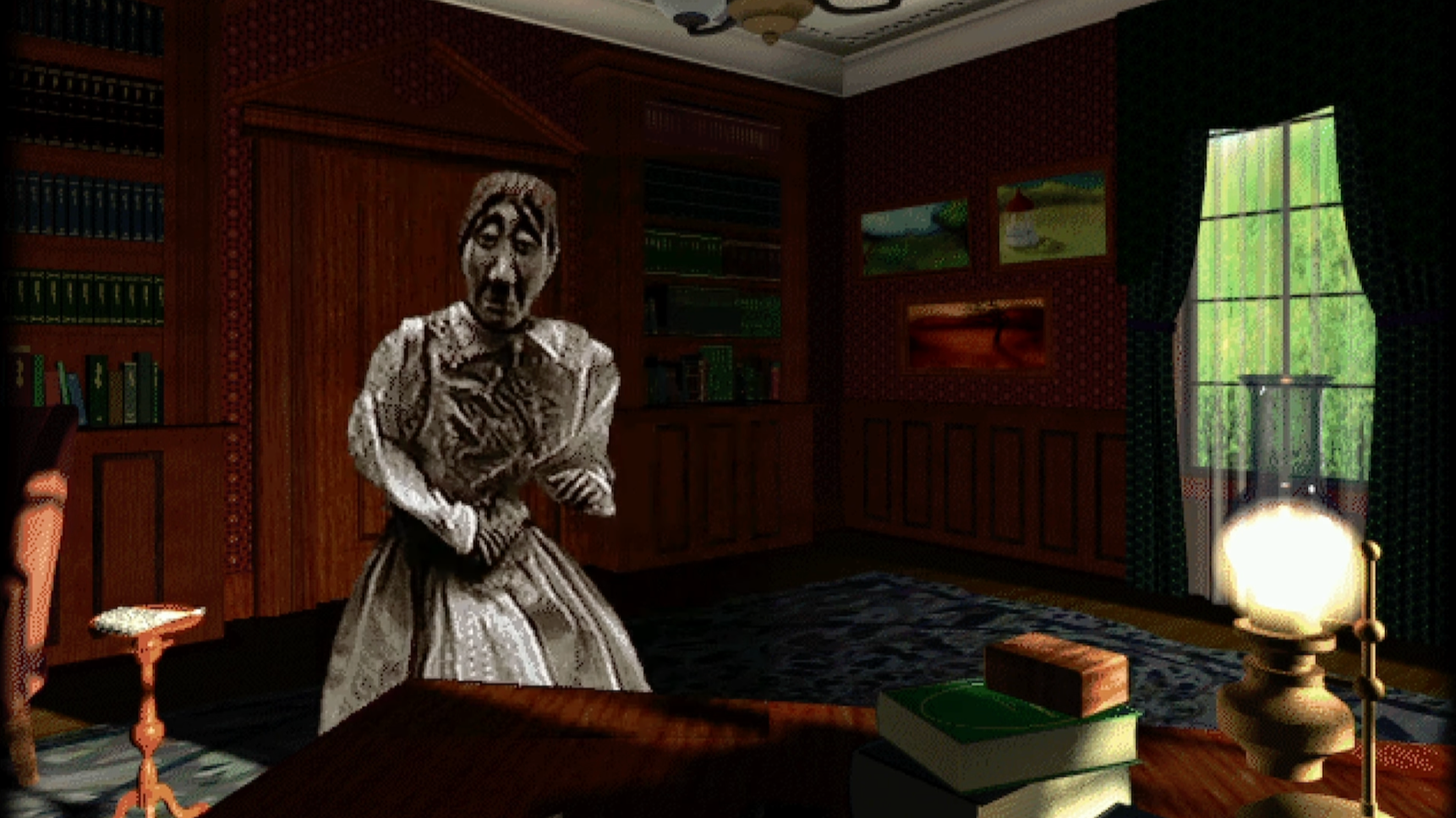 A strange woman stands in a dark bedroom