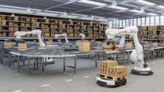 A visualization of automated robot arms and autonomous robots inside a warehouse.