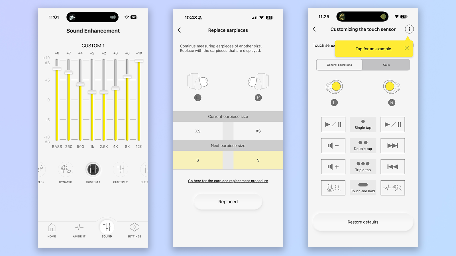 three screenshots from the technics audio app showing functionality with the technics az100