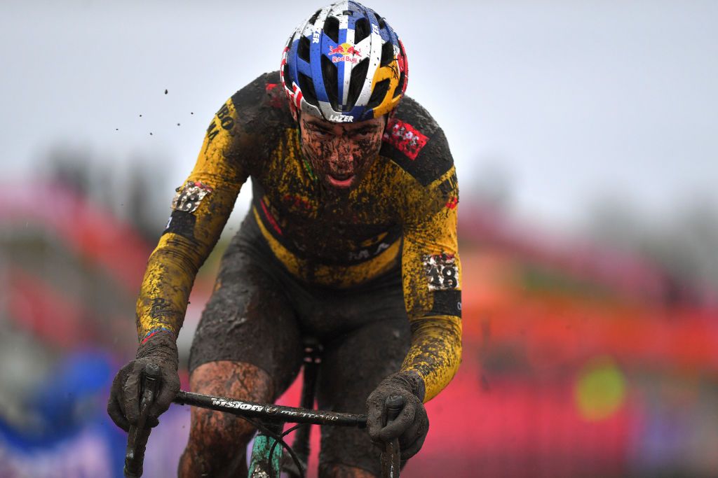 DENDERMONDE BELGIUM DECEMBER 27 Wout Van Aert of Belgium and Team Jumbo Visma Mud during the 1st Dendermonde World Cup 2020 Men Elite dendermonde CXWorldCup UCICyclocrossWC Cyclocross on December 27 2020 in Dendermonde Belgium Photo by Luc ClaessenGetty Images