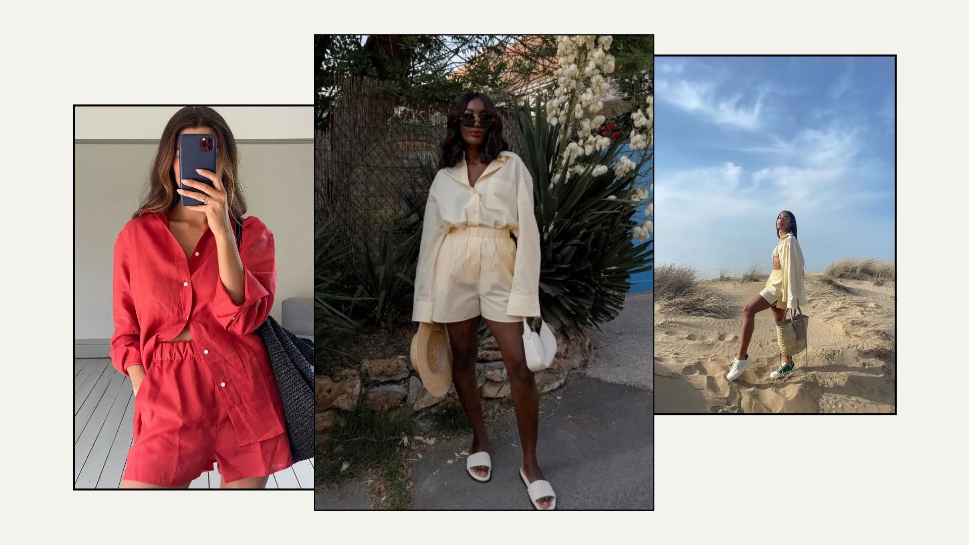 Three women wear matching linen shorts sets