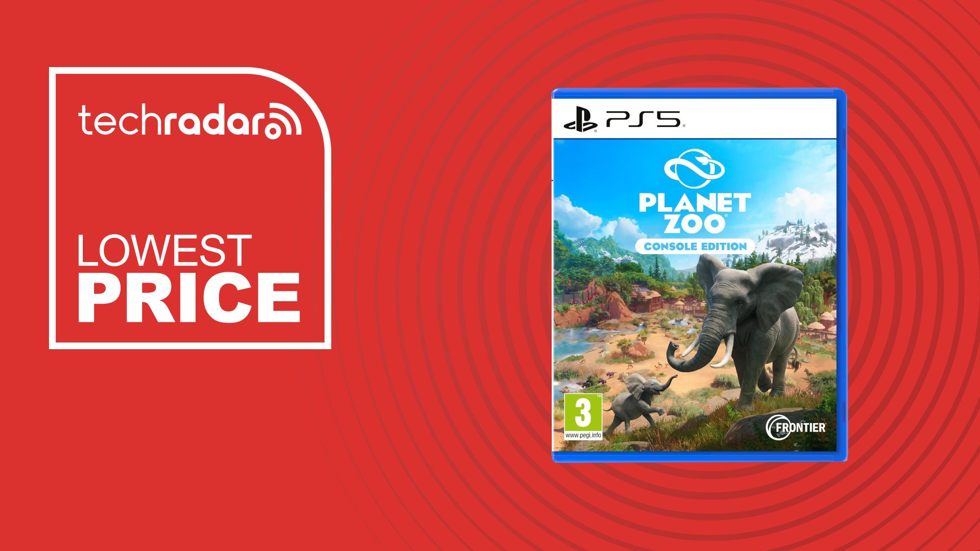 Planet Zoo on the PS5 in front of a red background that features the word 'lowest price'.