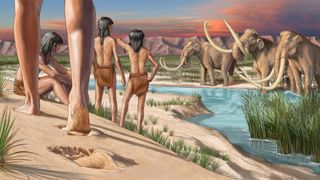Illustration of ancient humans in White Sands. We see a group of Indigenous people eyes mammoths drinking from a lake.