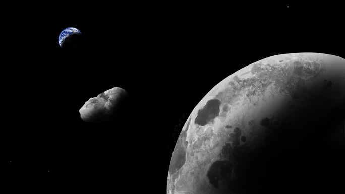 illustration showing the moon and a small asteroid in the foreground, with a small, distant earth in the background