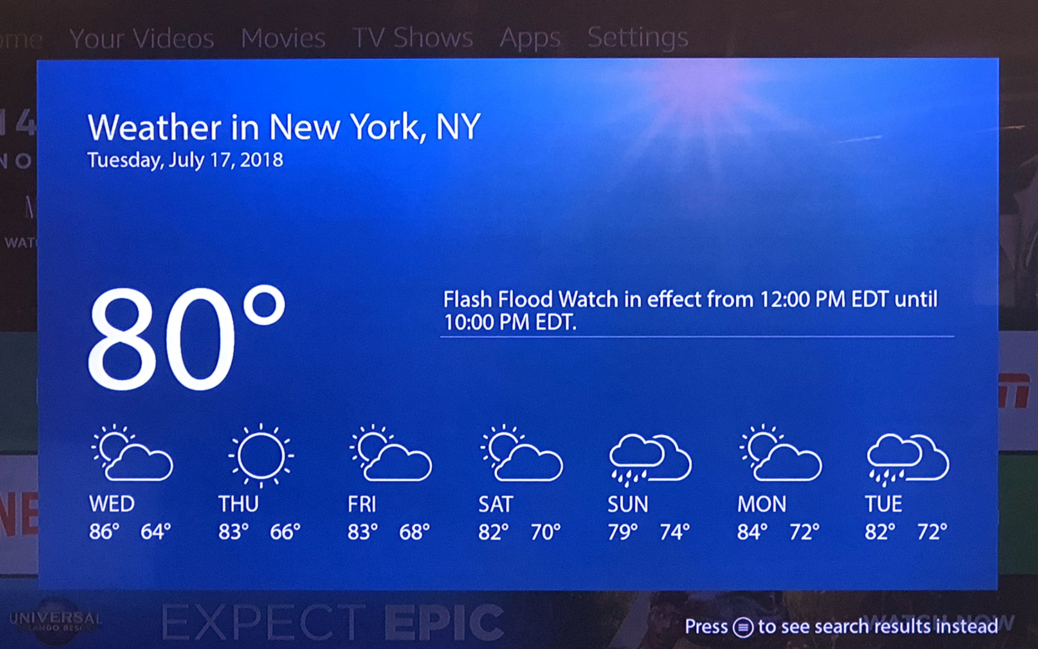 The Fire TV Stick interface with the weather